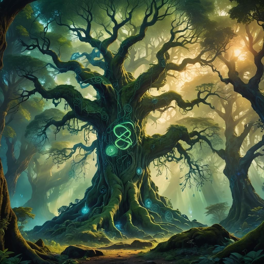 Mystical Forest: Ancient Tree with Glowing Runes