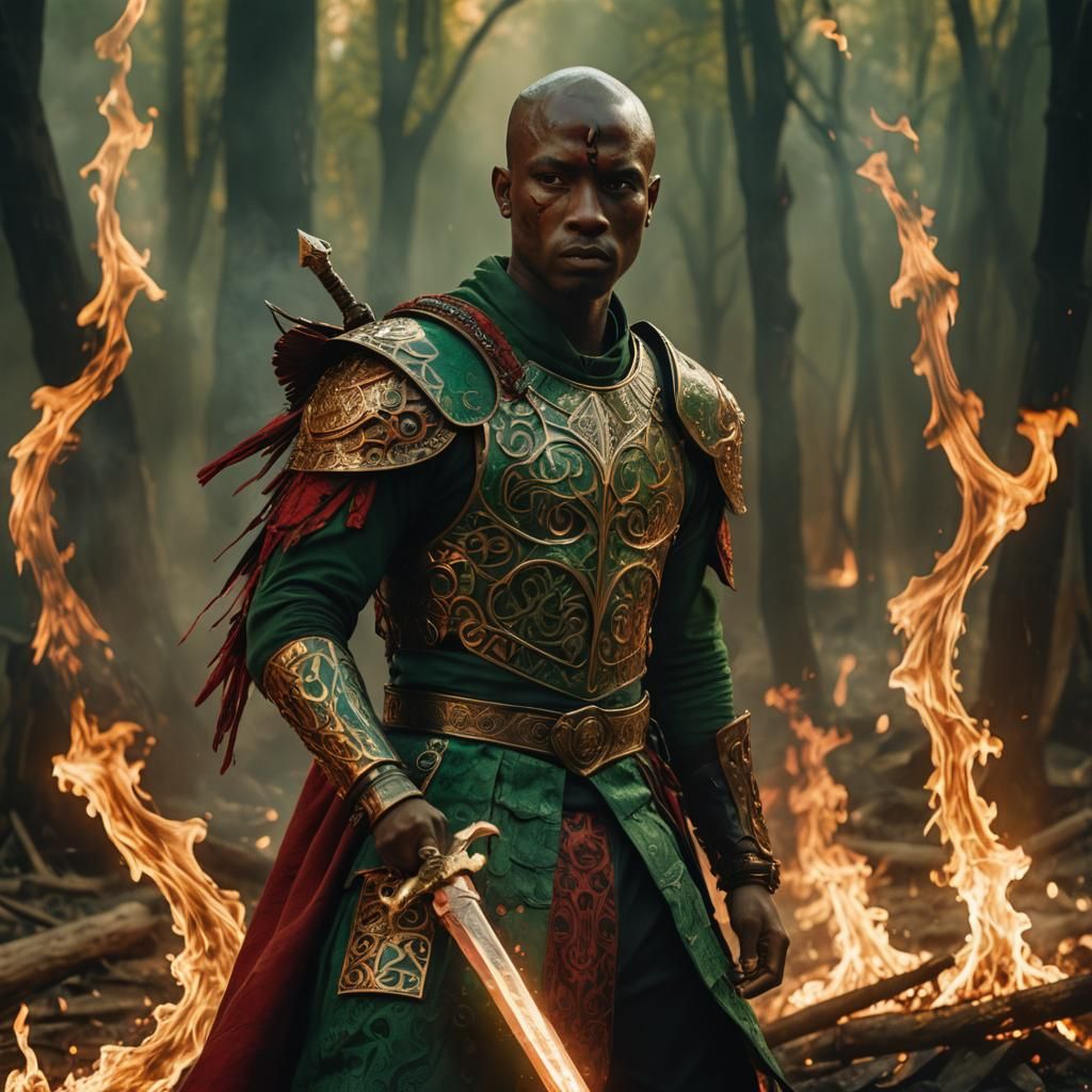 Angelic Afrofuturist Warrior Amidst Flames in 8K