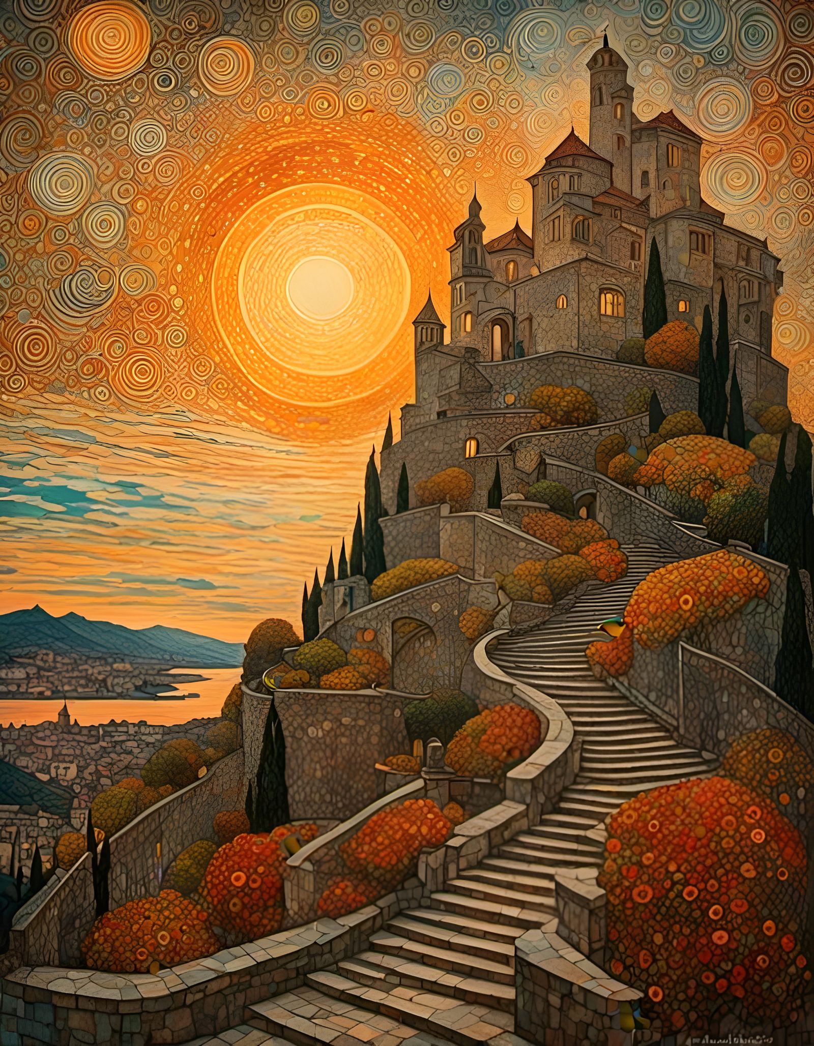 Gilded Castle at Sunset Under Celestial Sky