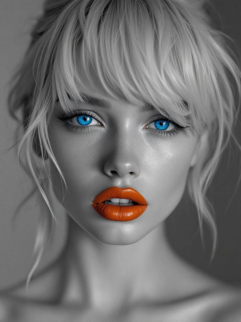 Monochrome Portrait with Vivid Blue Eyes and Orange Lips