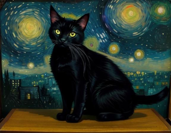 Dark Cat Gazing in Van Gogh Style