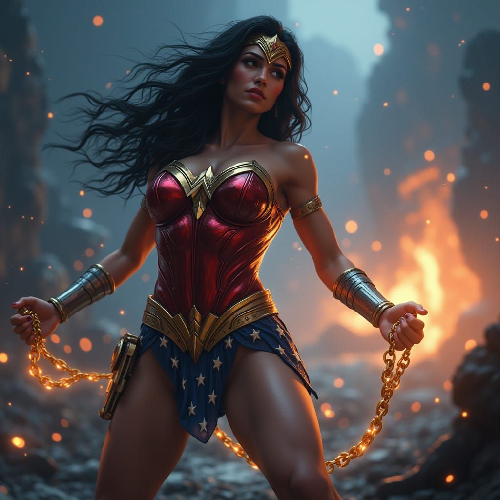 Wonder Woman Battles Dark Forces in a Vibrant, Metallic Biki...
