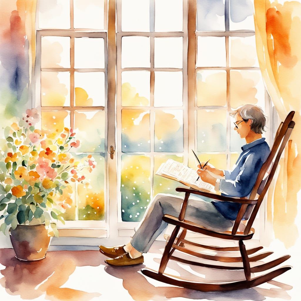 Cozy Writer in Rocking Chair: Whimsical Watercolor Art