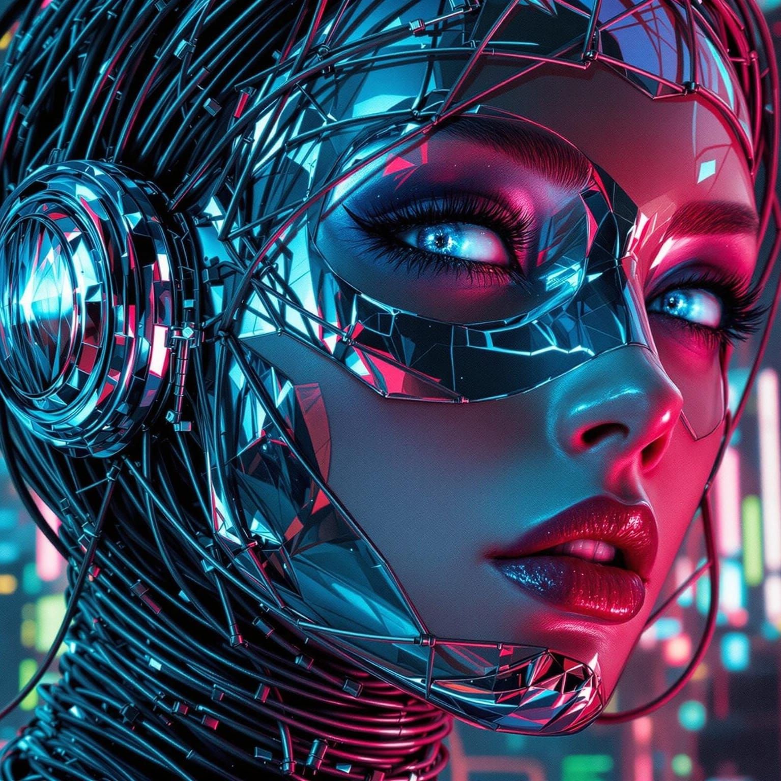 Futuristic Chrome Woman in Cyberpunk Cityscape