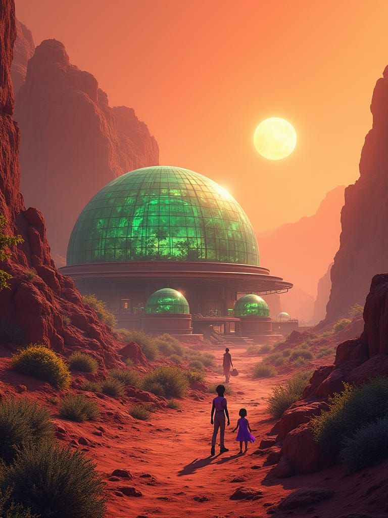 Martian City Under Glass Domes with Twin Suns