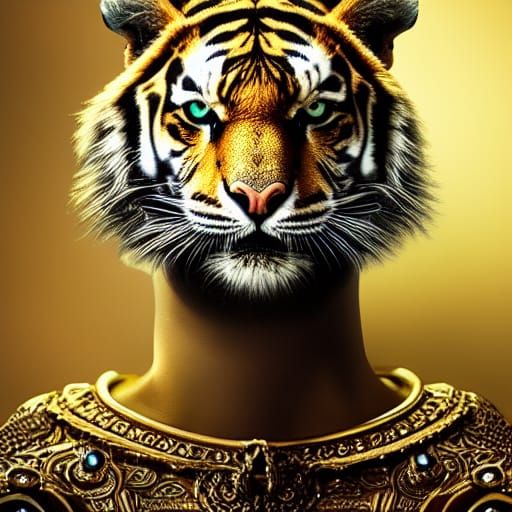 Armored Bengal Tiger Portrait in Steampunk Style