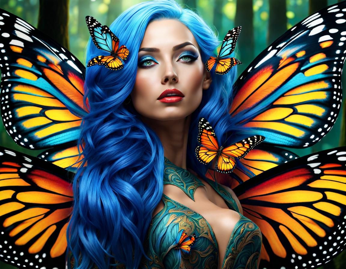 Blue-Haired Woman with Butterfly Wings in Forest