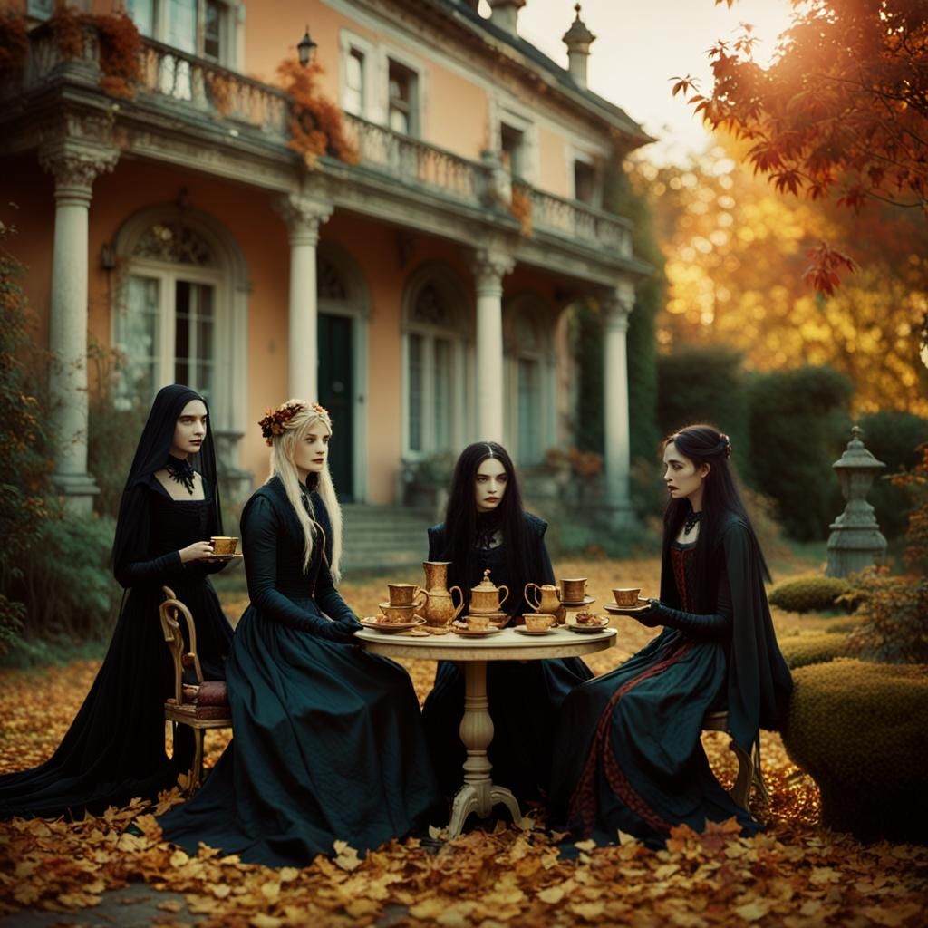 Gothic Goddesses in Autumnal Villa Garden