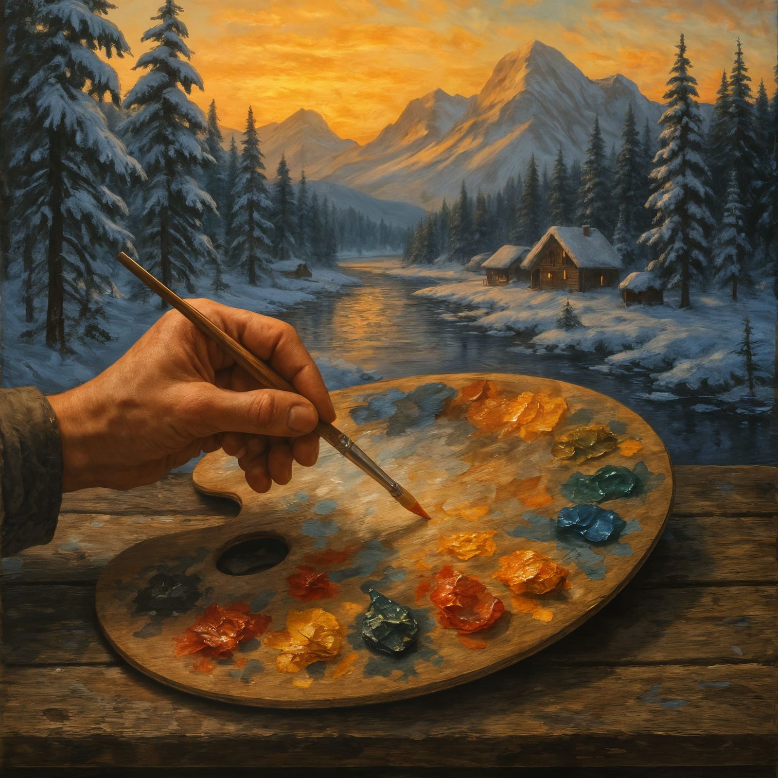 Winter Landscape with Palette and Sunset
