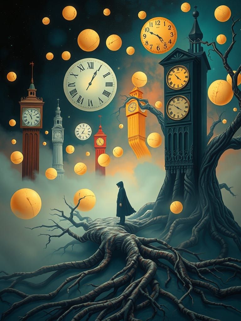 Clockwork Dreamscape with Shrouded Figure