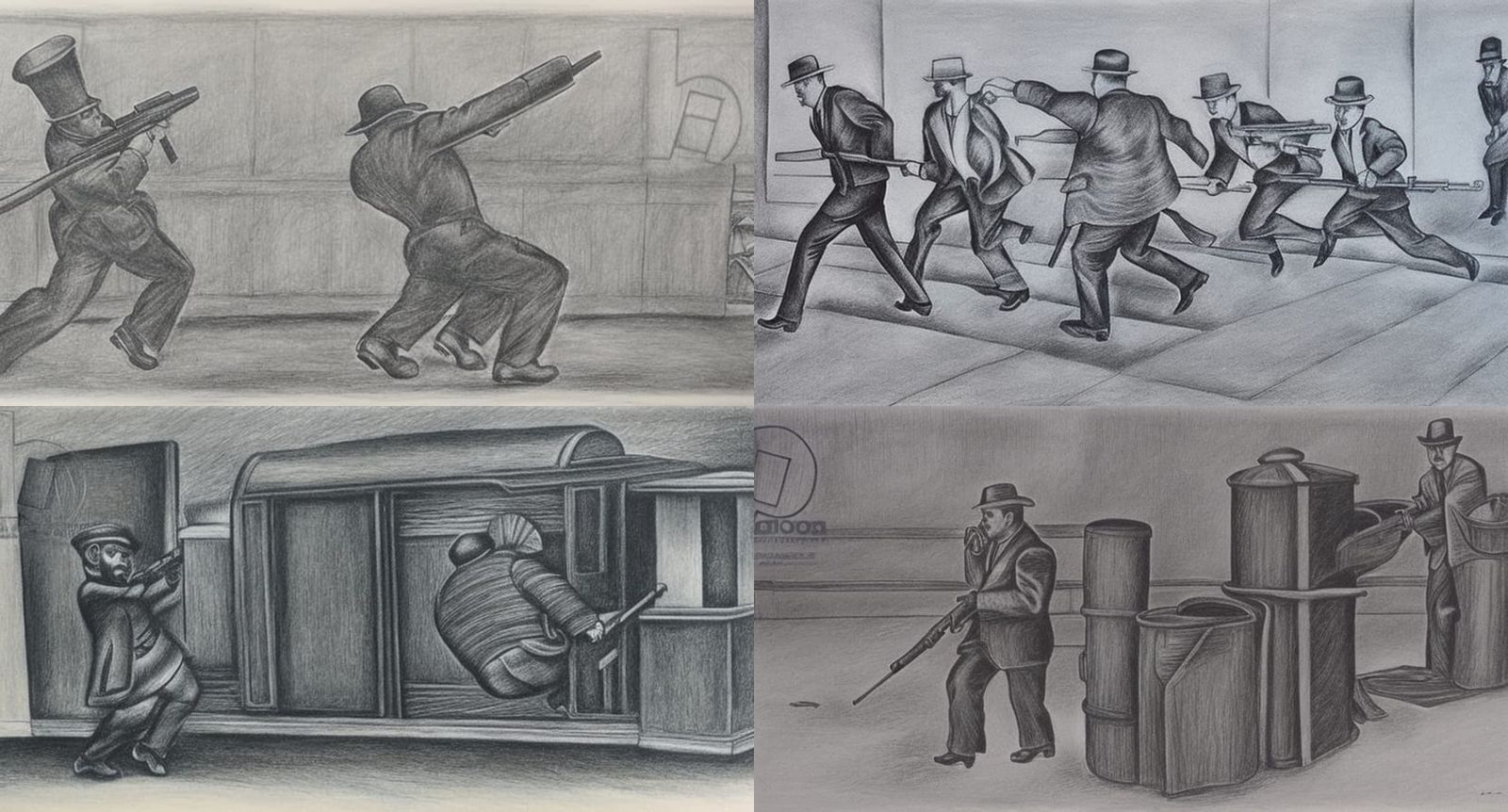 1950s Bank Robbery in Charcoal and Crayon