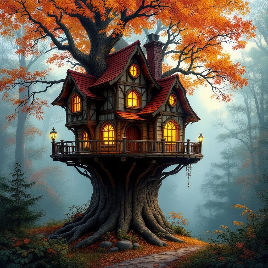 Magical Autumn Treehouse in Ethereal Mist