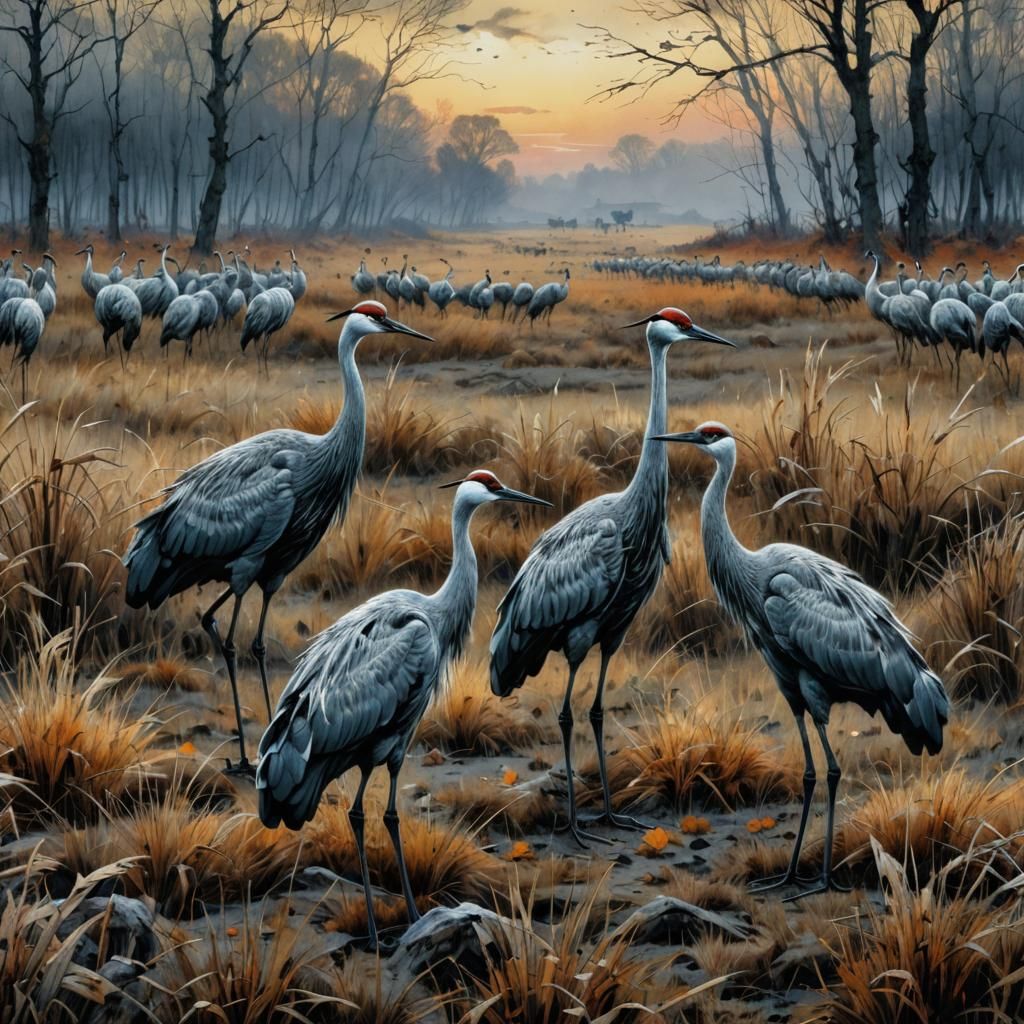 Cranes in Autumnal Field, Golden Age Illustration