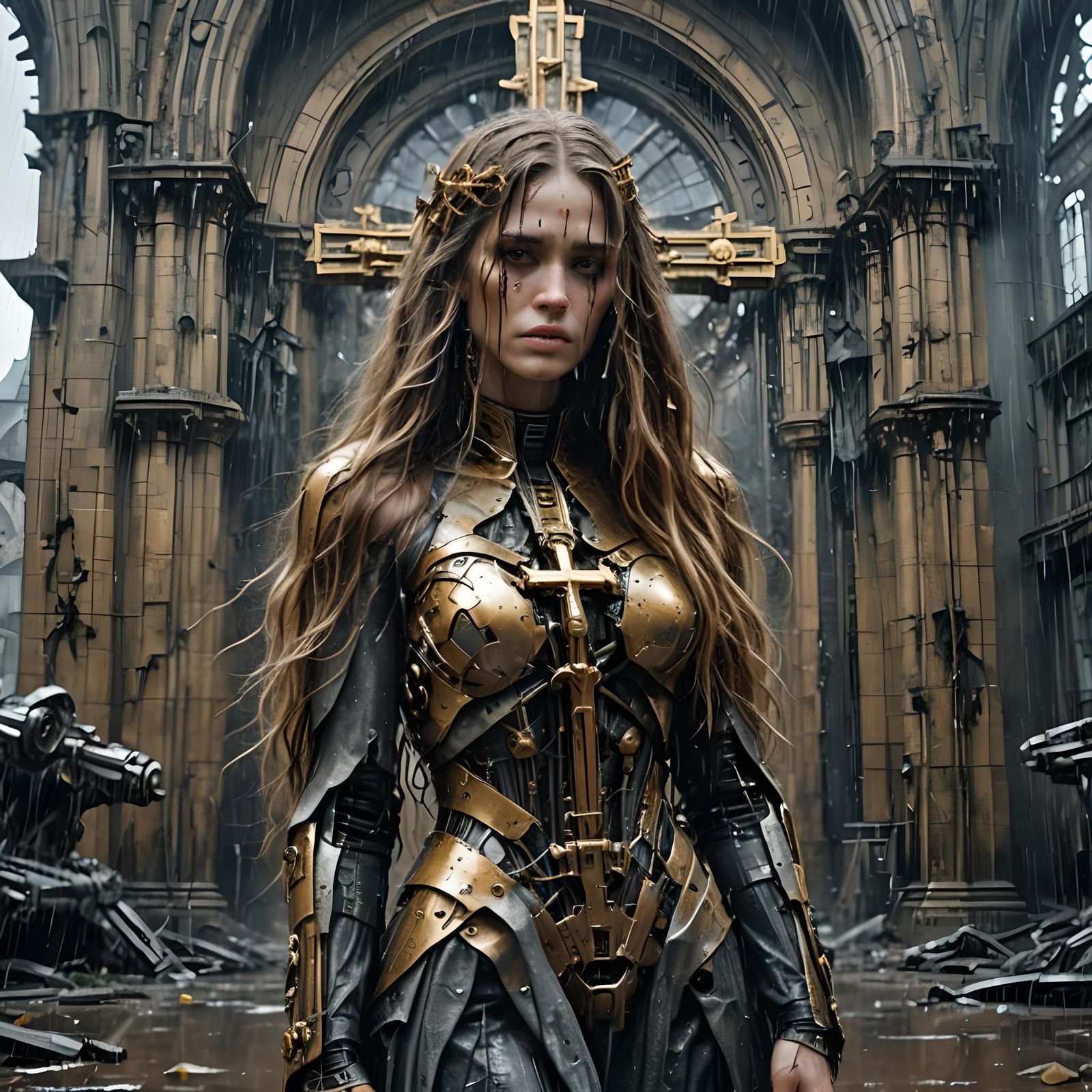 Crying Cyborg Woman in Familial Embrace: Cyberpunk Film Stil...