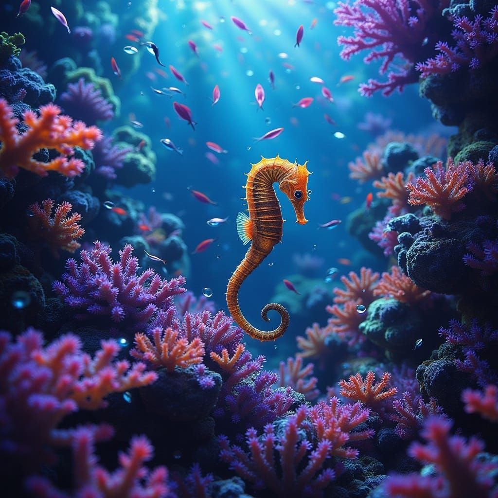 Iridescent Seahorses in a Colorful Coral Reef