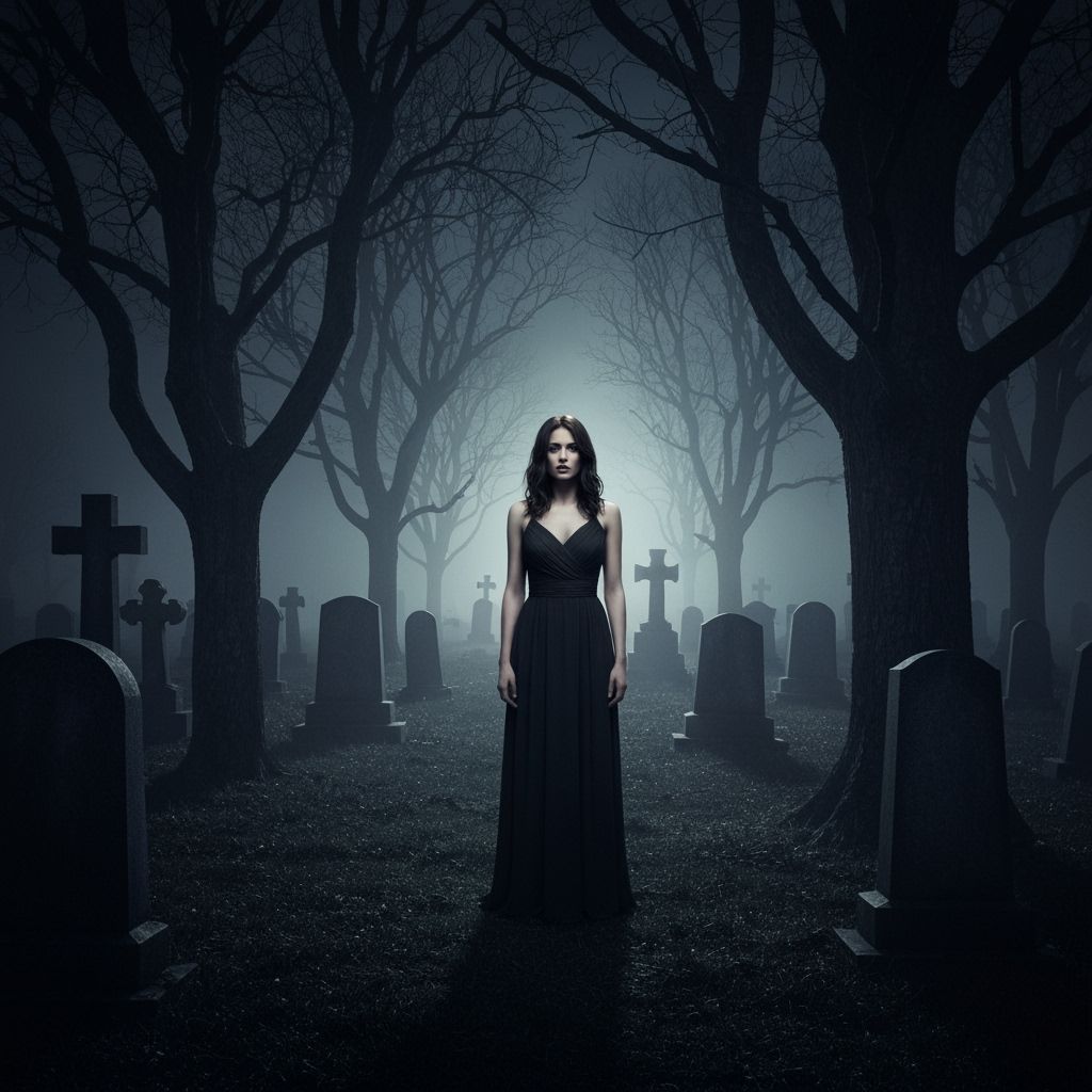 A sorrowful vampire queen with long black hair, age 35, pier...