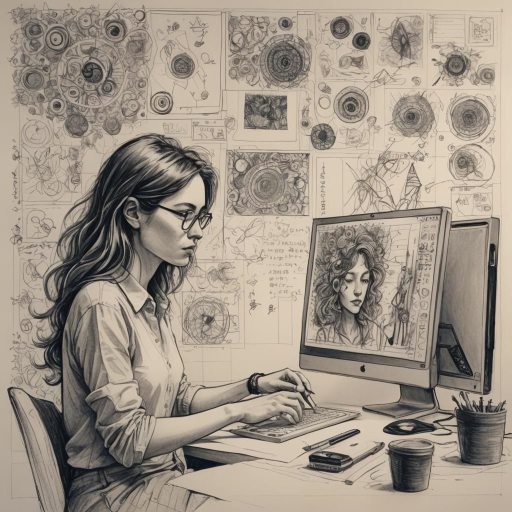 Detailed Biro Sketch of a Woman Creating Digital Art