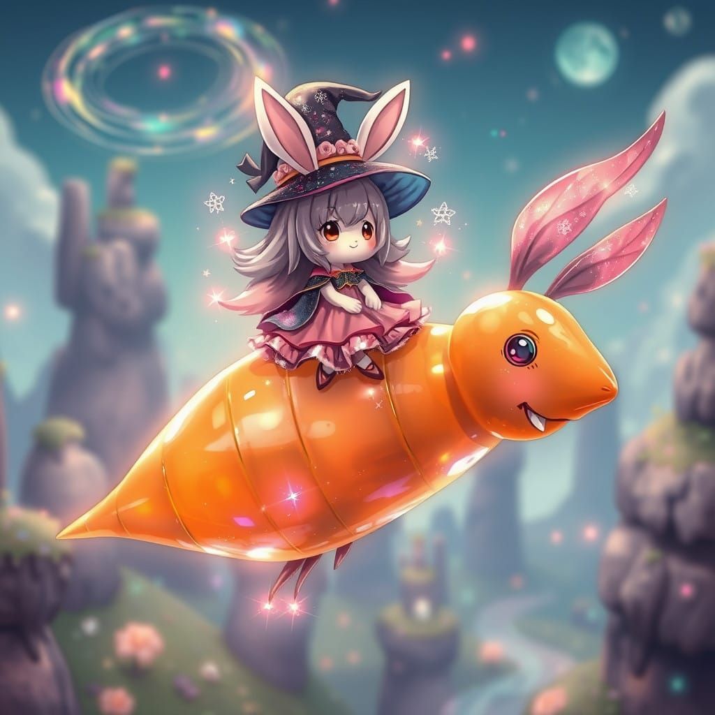 Kawaii Rabbit Witch Rides Giant Flying Carrot