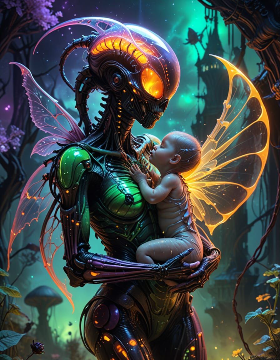 Ethereal Xenomorphic Mother and Baby in Vibrant Sci-Fi Scene