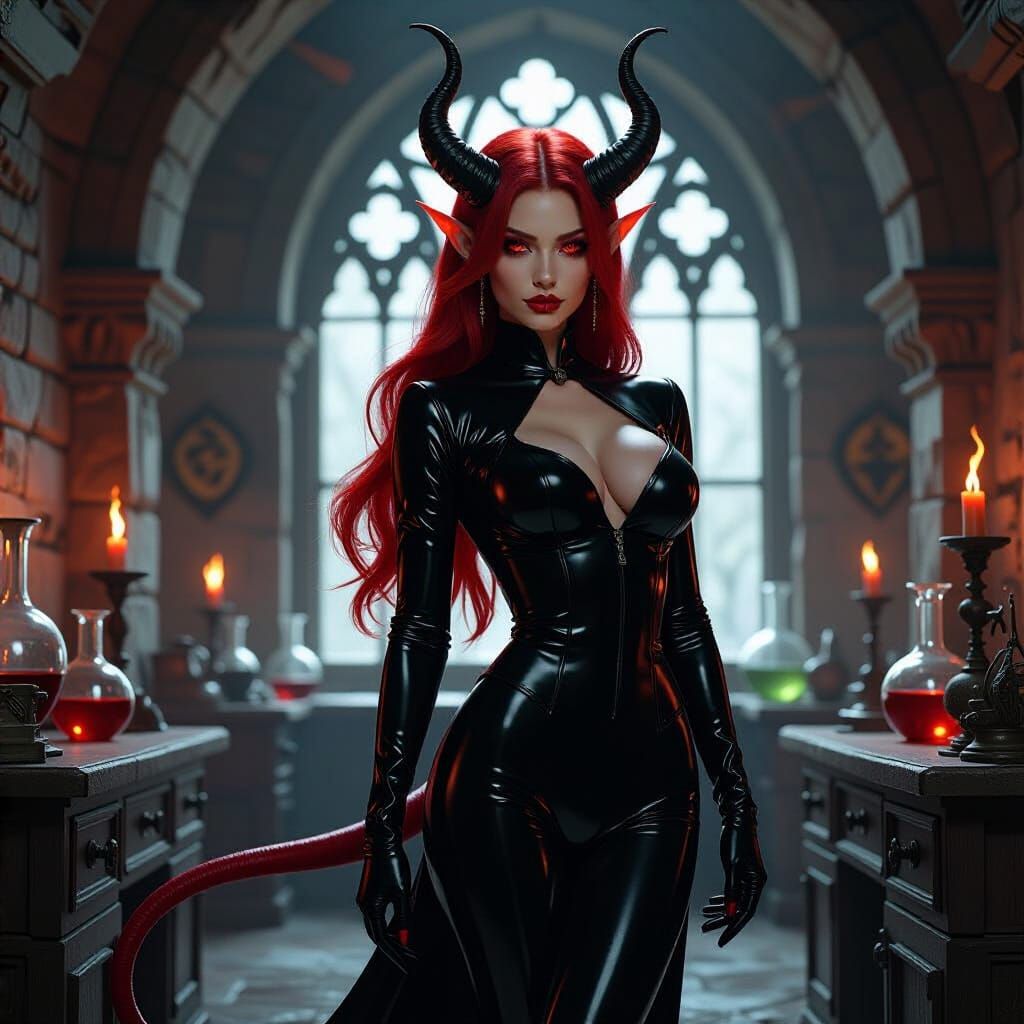 Tiefling Alchemist in Shadowy Gothic Laboratory