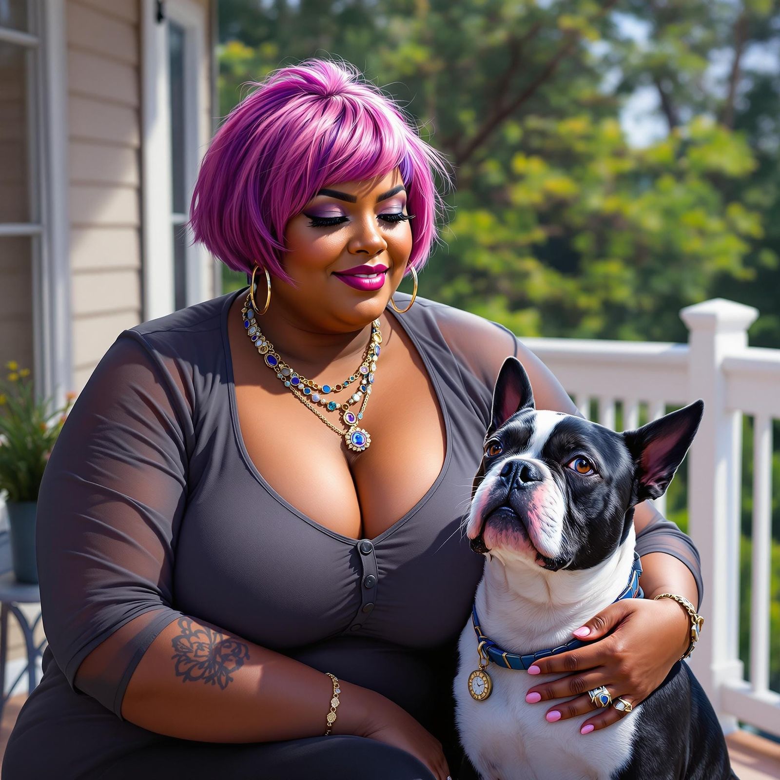 Woman with Staffordshire Bull Terrier, Vivid Colors
