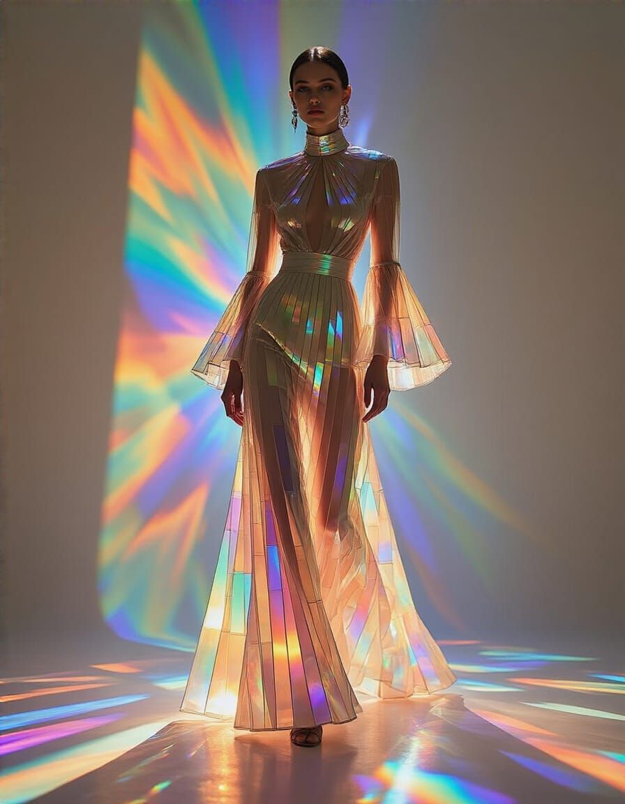 Rainbow Refraction Gown: High-Fashion Editorial Portrait
