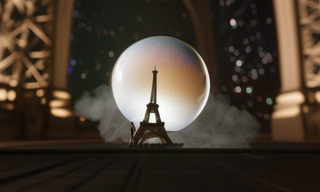 Galactic Crystal Ball Near Eiffel Tower: 3D Art