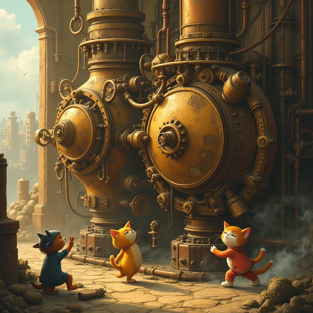 Steampunk Engine: Happy People and Cats in Whimsical Style