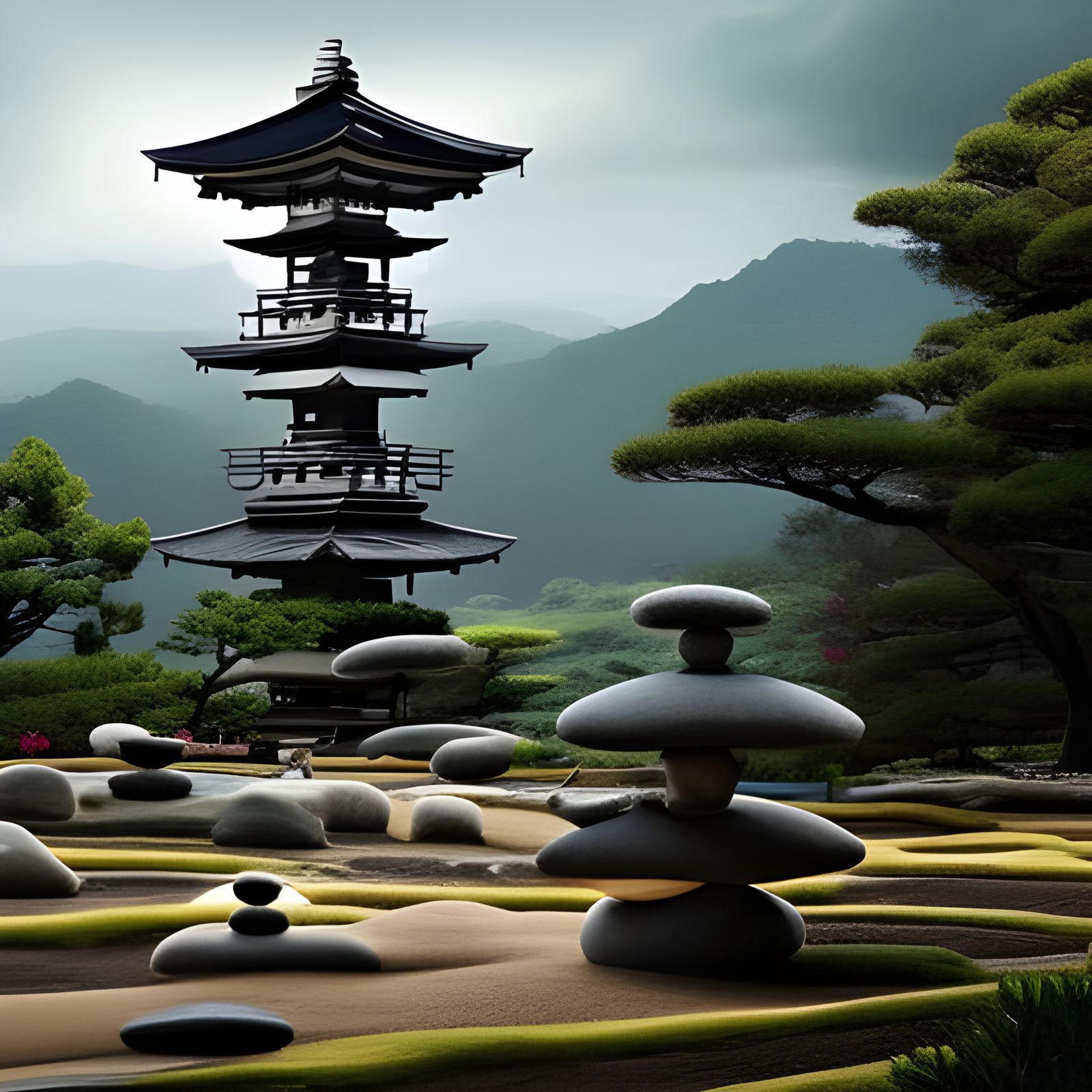 Zen Garden with Pagoda: Digital Matte Painting