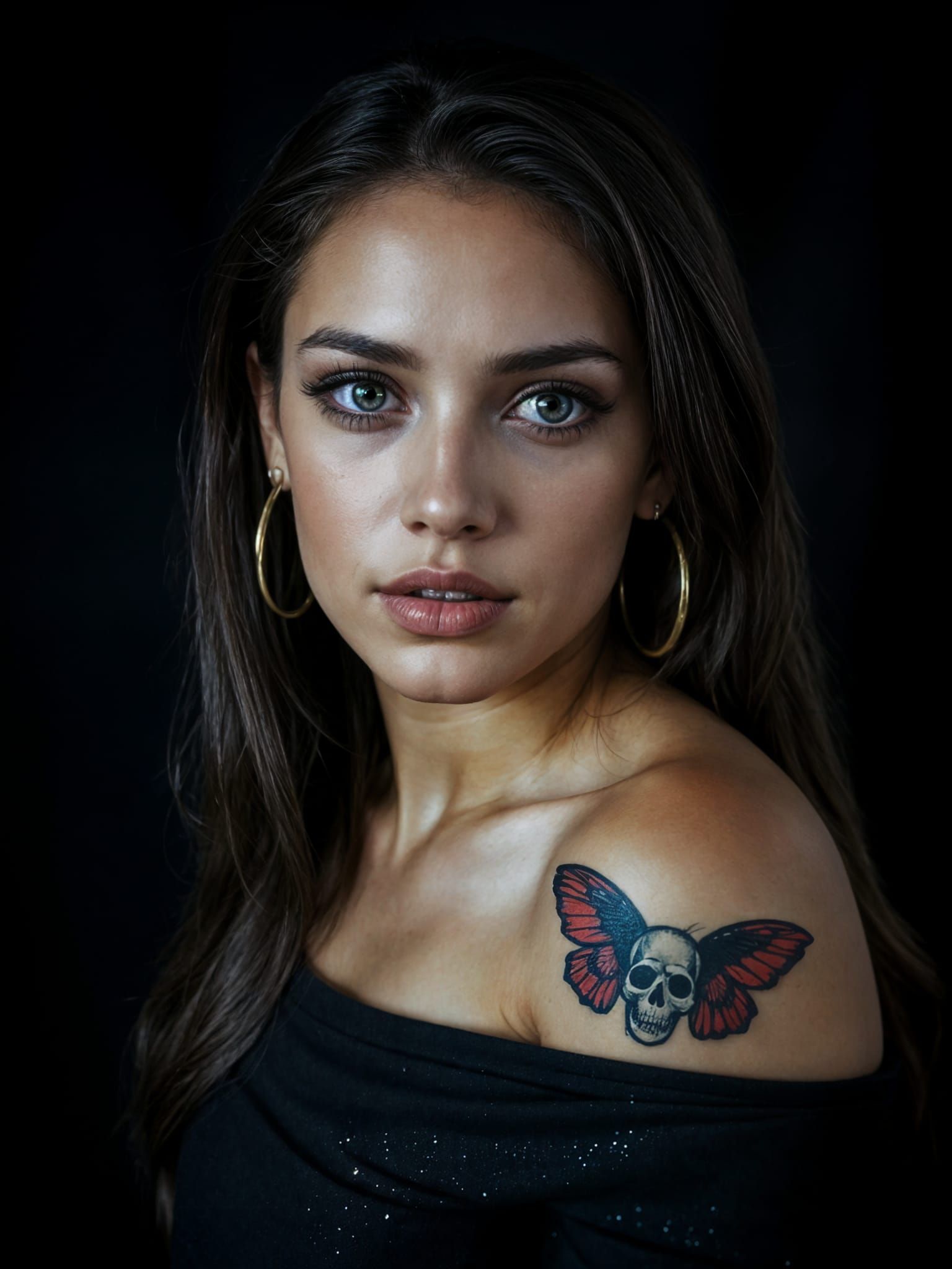 Edgy Portrait of a Young Woman with Butterfly Tattoo
