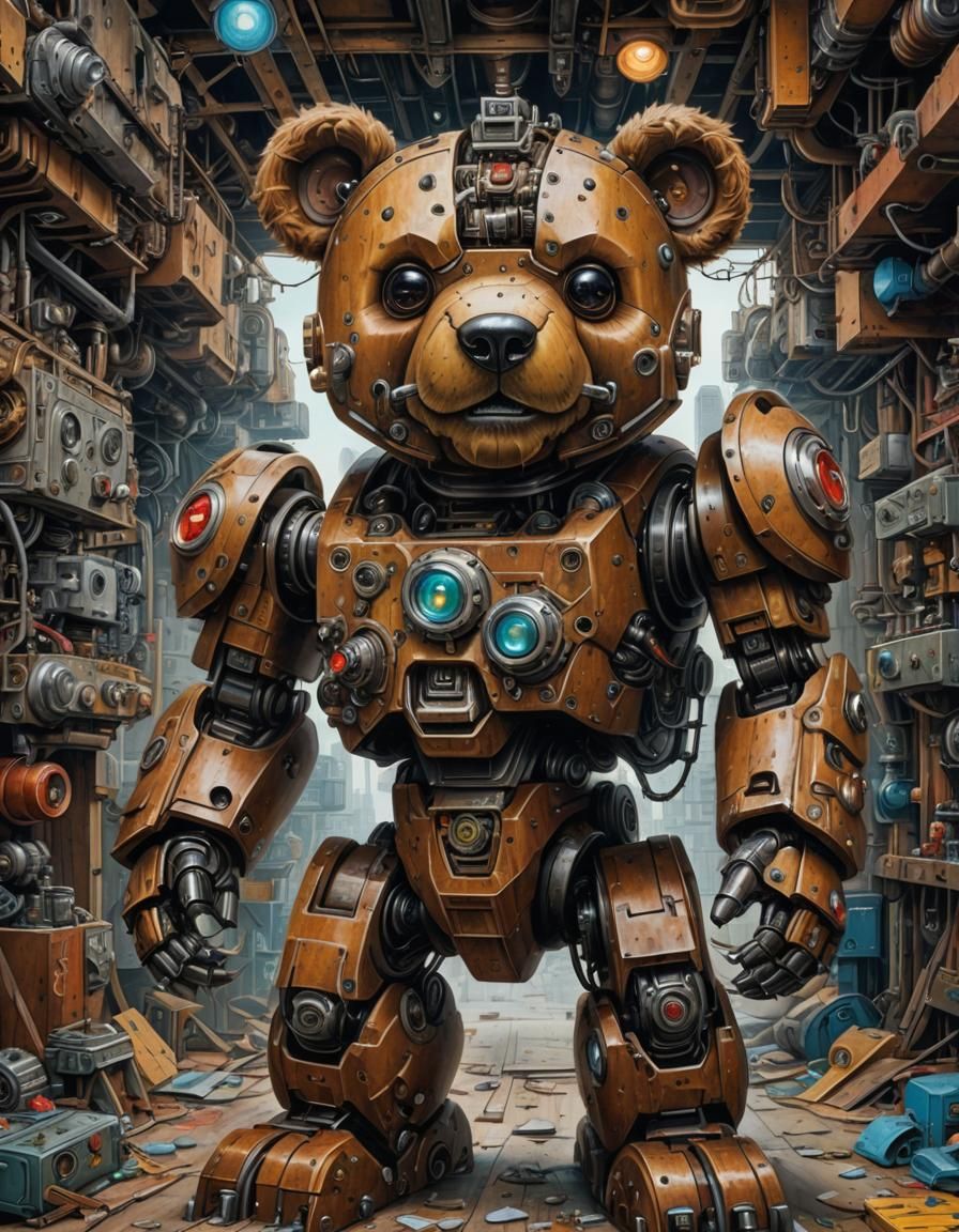 Giant Mech Teddy Bear in Pop Surrealist Style