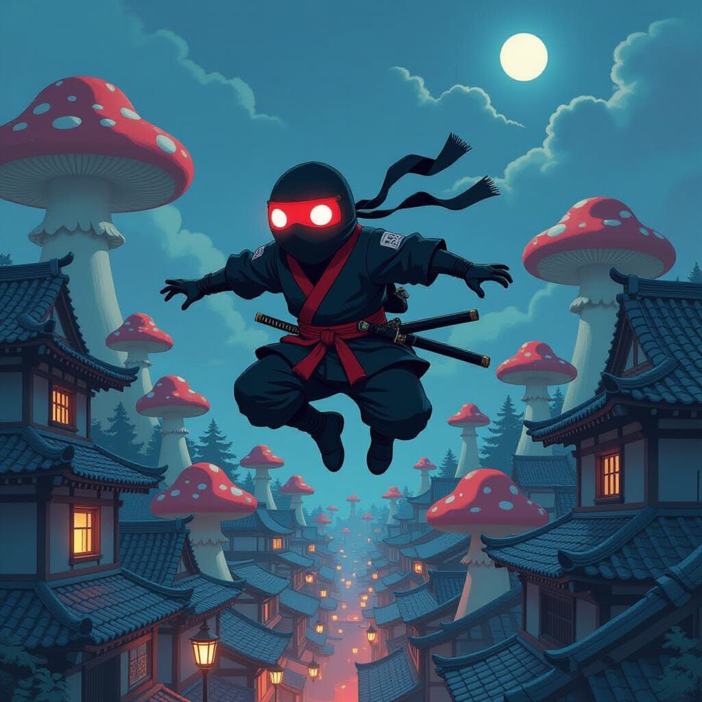 Ninja Ostrich Jumps Across Mushroom Houses