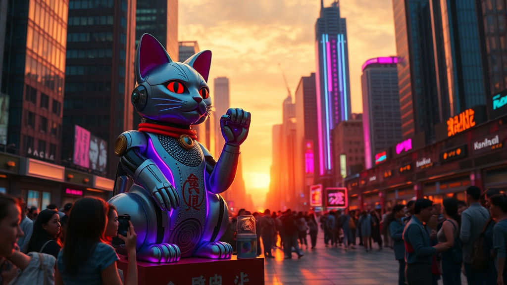 Cyberpunk Robot and Maneki-neko Cat in Neon Plaza