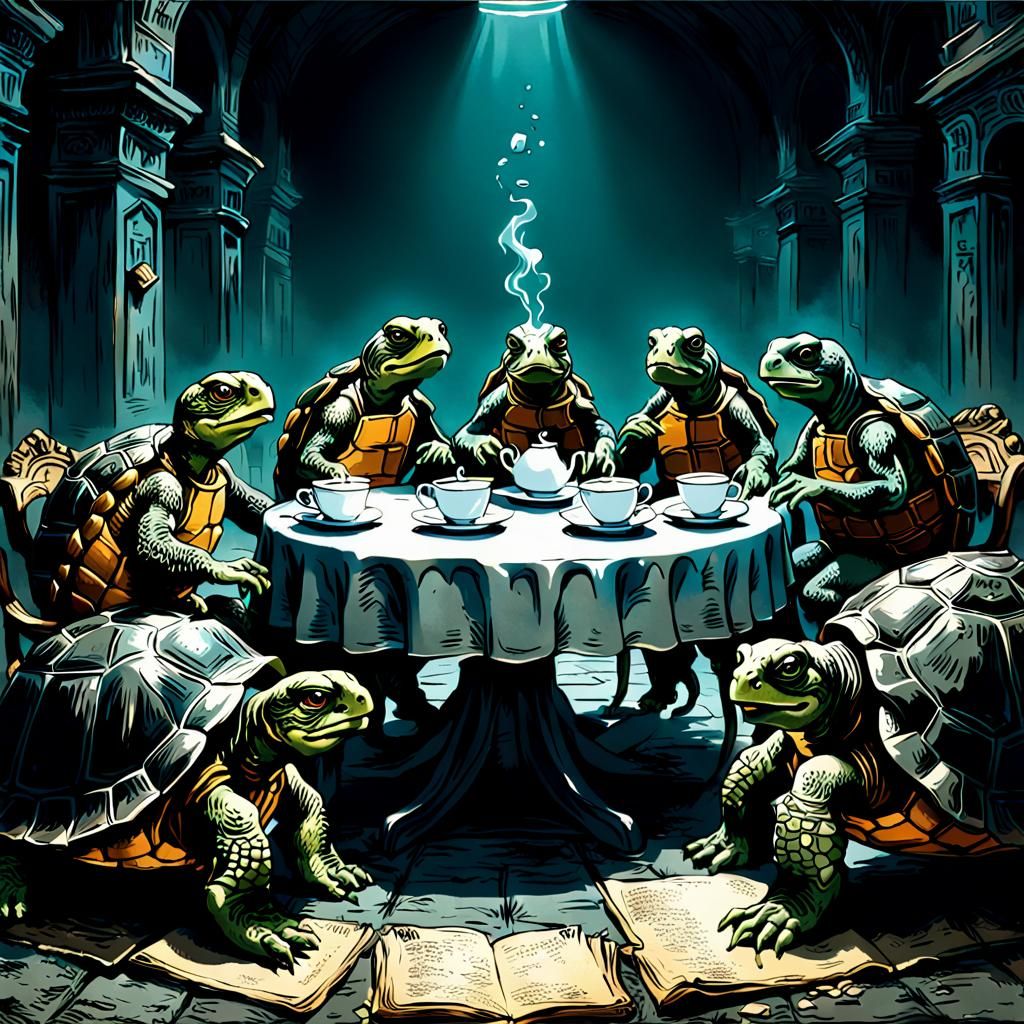 Turtles' Tea Party in Gothic Horror Style