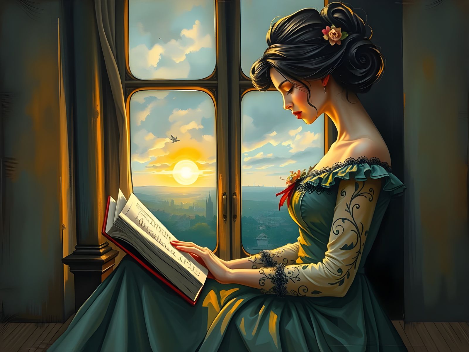 Elegant Woman Reads by a Window in a Dreamlike Scene
