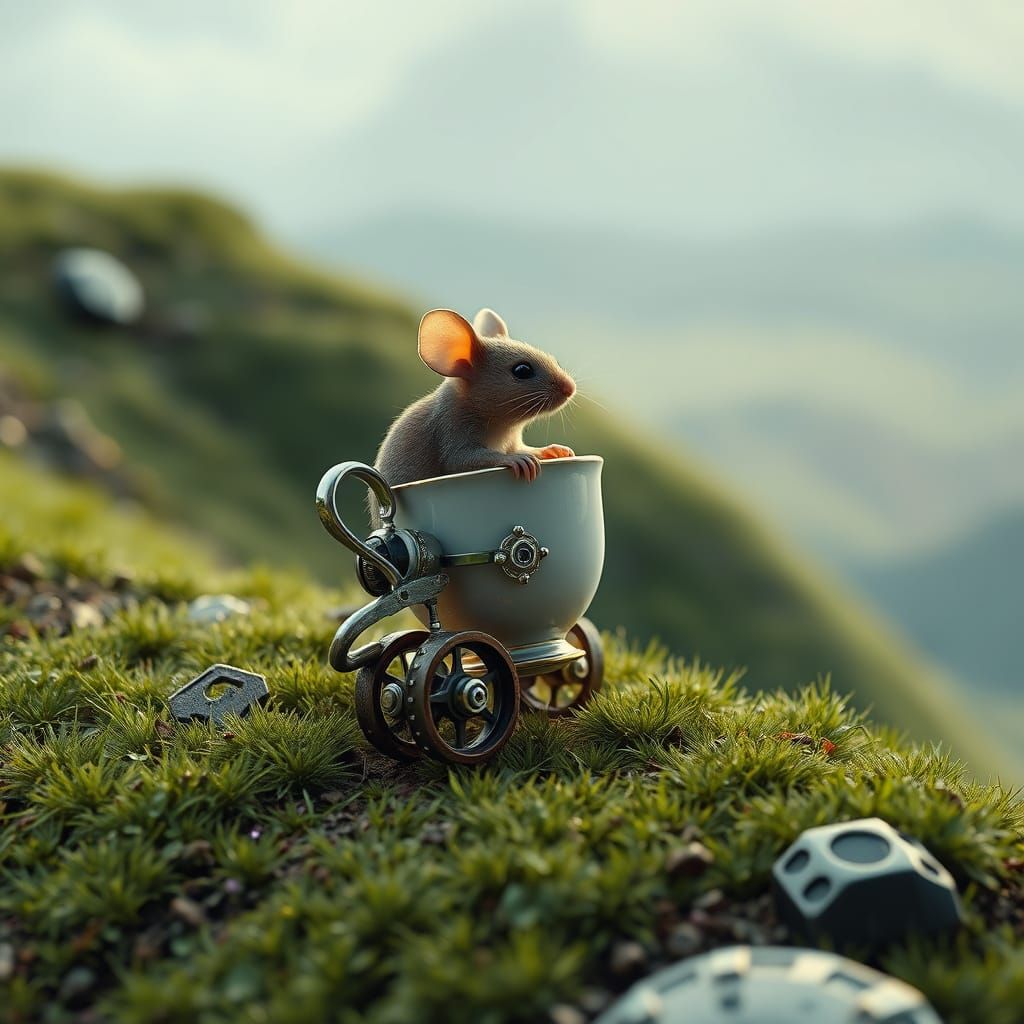Mouse Navigates Teacup Contraption on Hill