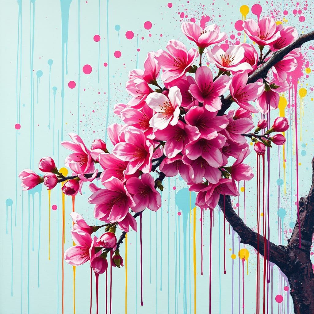 Graffiti Art Cherry Blossom Tree with Splatters