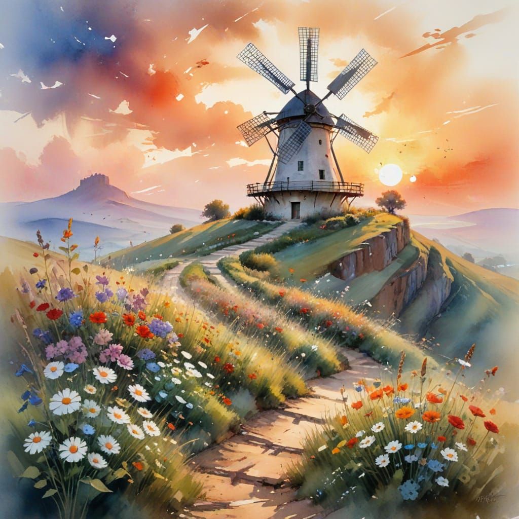 Sunset Windmill by Wildflower Path in Watercolor Style