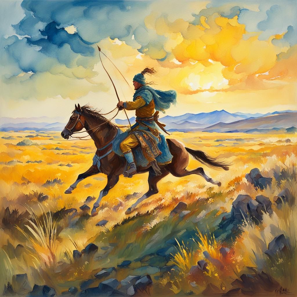 Scythian Archer on Horseback: Gouache Watercolor Steppe