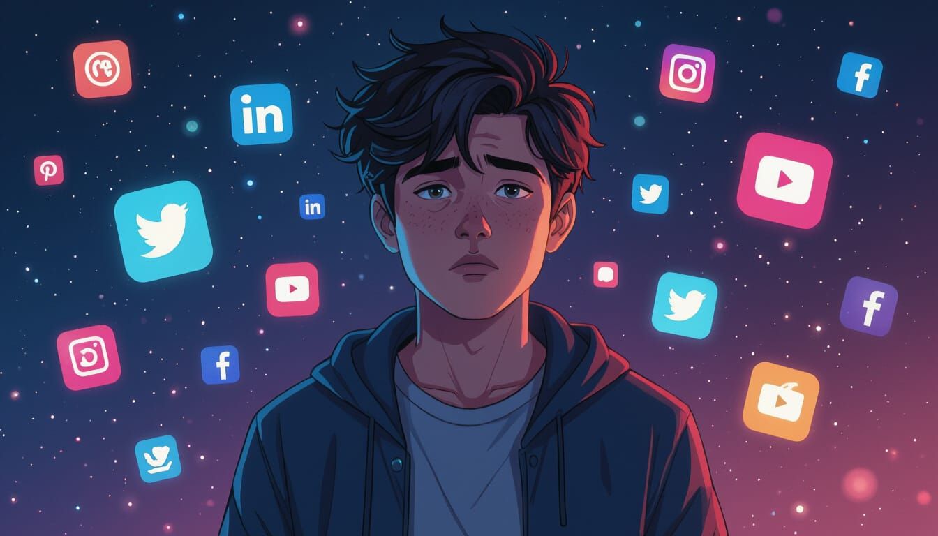 Confused Teenager Surrounded by Social Media Icons