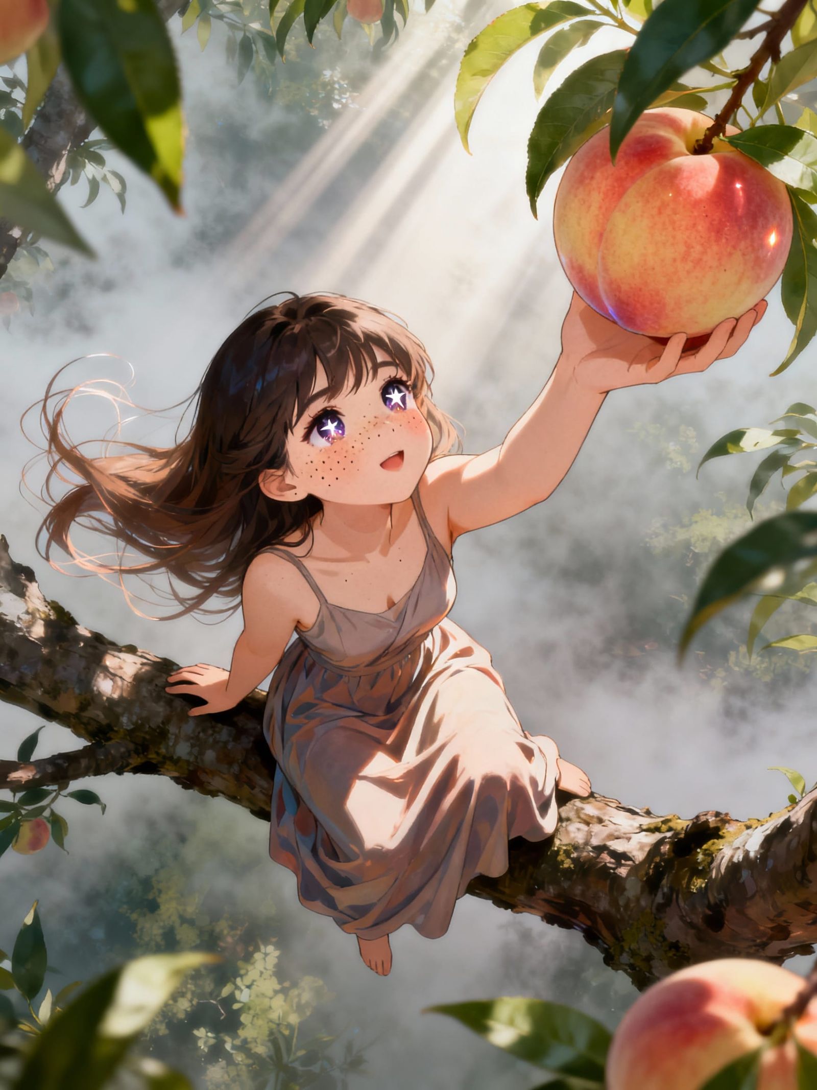Woman Plucking Peach in Manwha Style Illustration