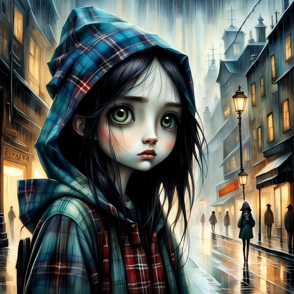 Girl in Rainy City: Sketch Art