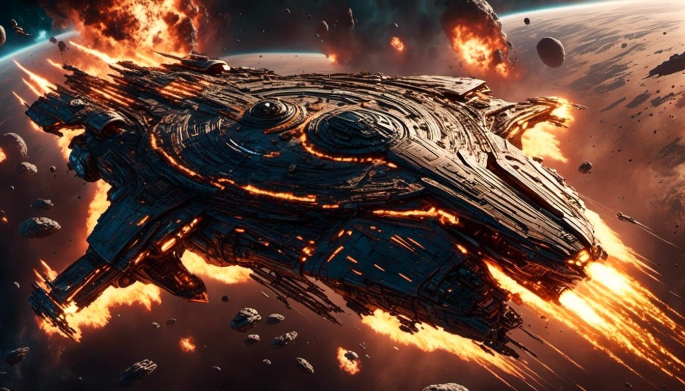 Battlestar Escapes Exploding Planet in Sci-Fi Scene