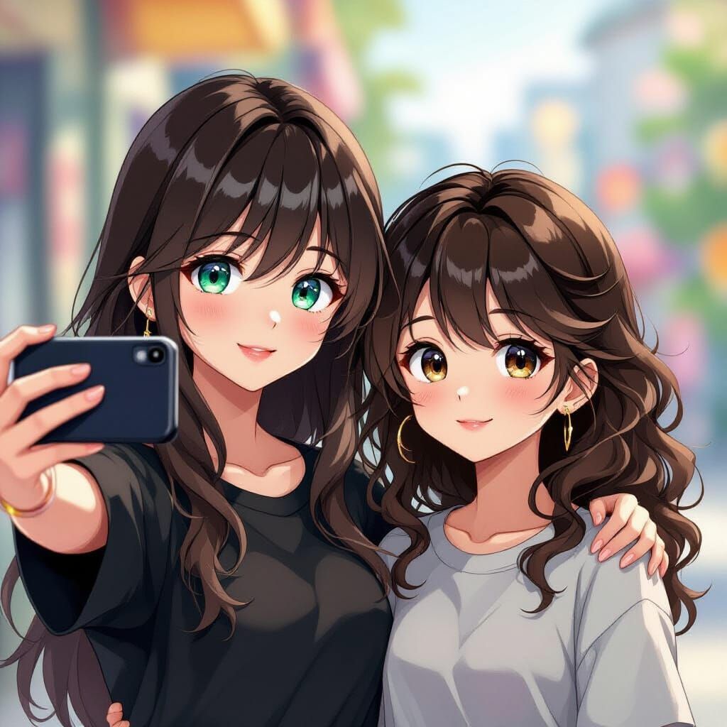 Two Girls Taking a Selfie in Anime Style