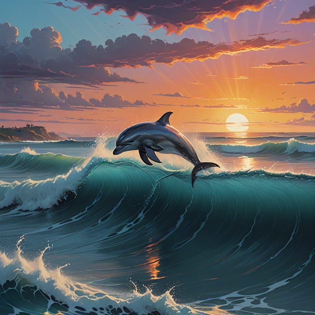 Majestic Dolphin Rides Turquoise Wave at Sunset