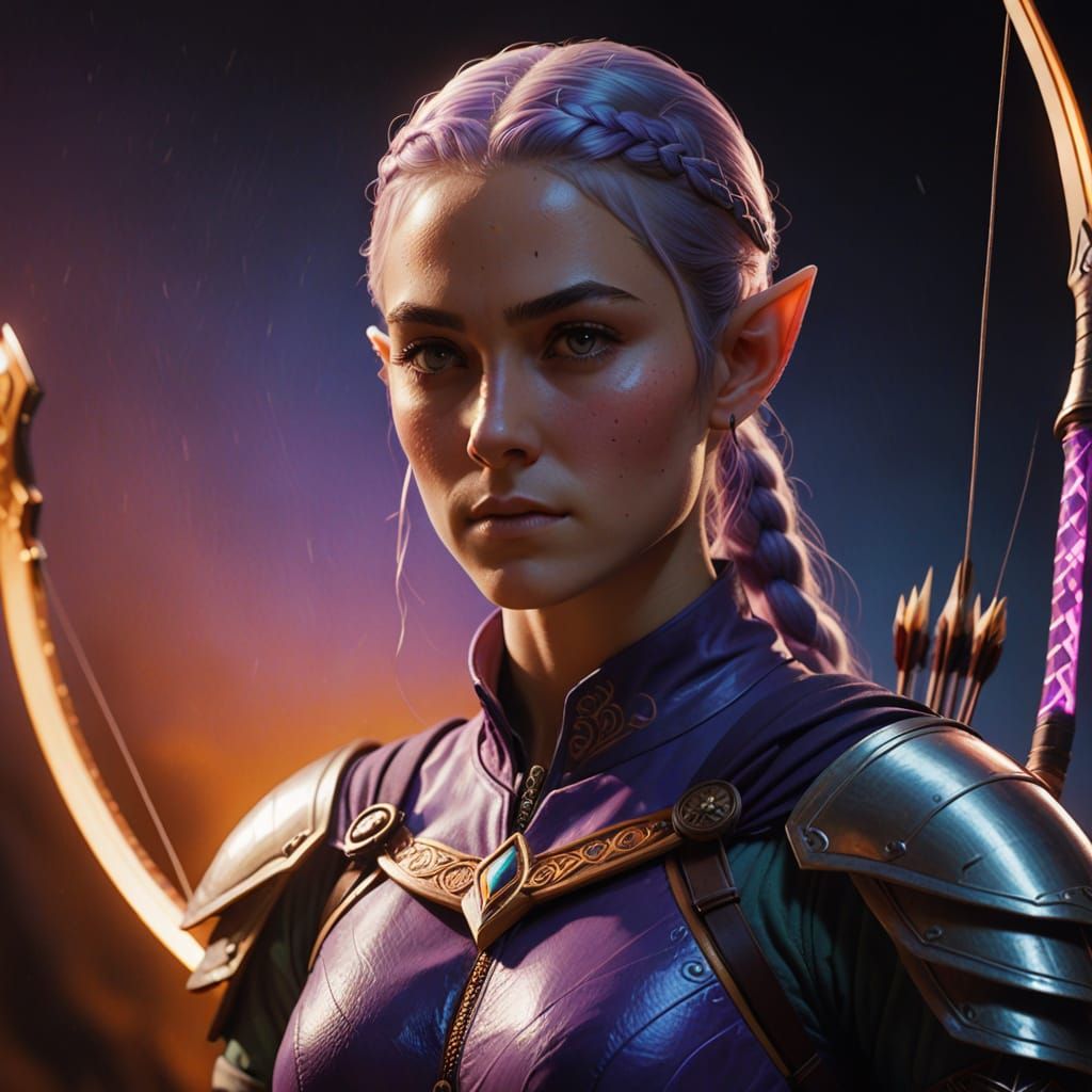 Confident Female Elf Ranger in Vibrant, Swirling Background