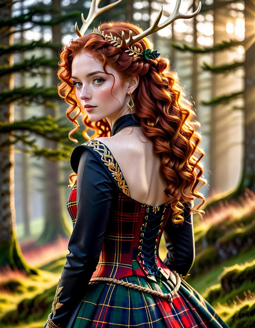 Scottish Woman with Elk Antlers in Tartan Gown