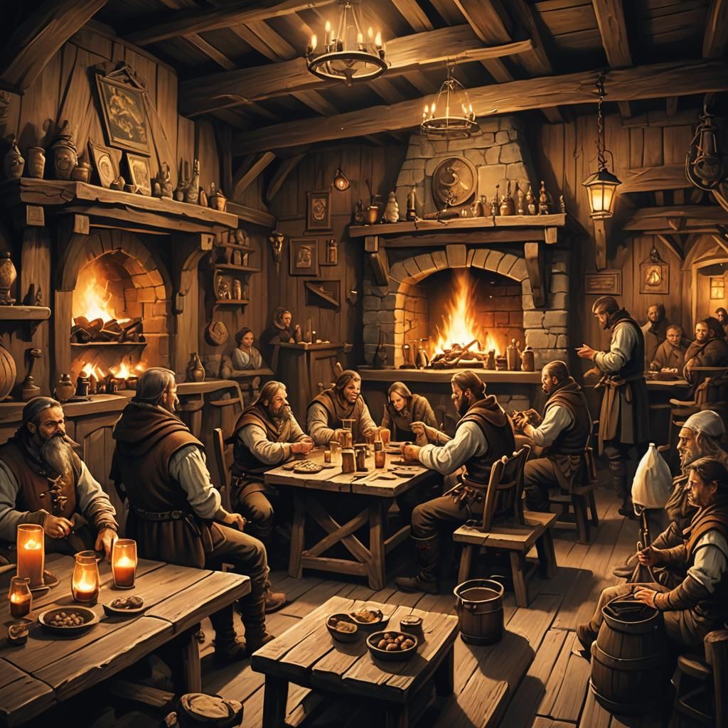 Warm Medieval Tavern Scene in Earthy Tones