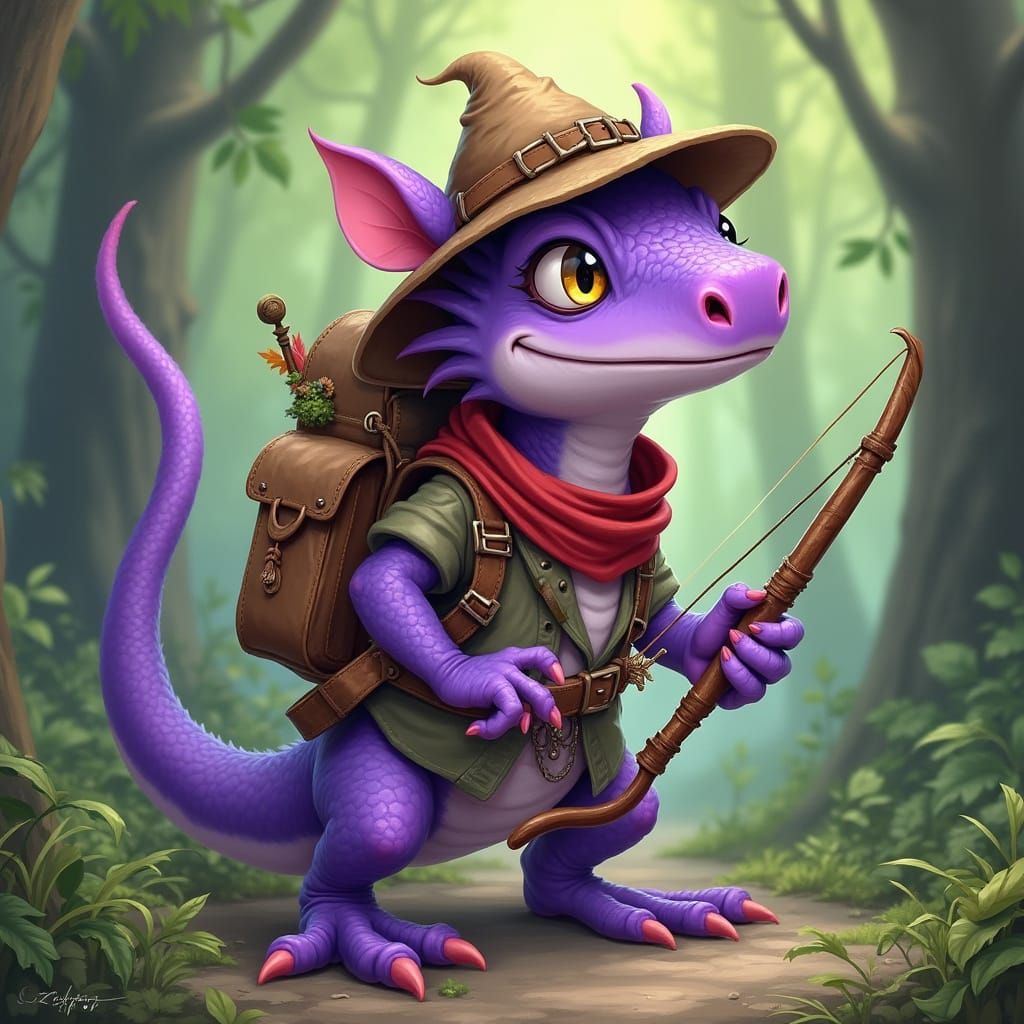 Whimsical Purple Lizard-Dragon Ranger in Vibrant Cartoon For...