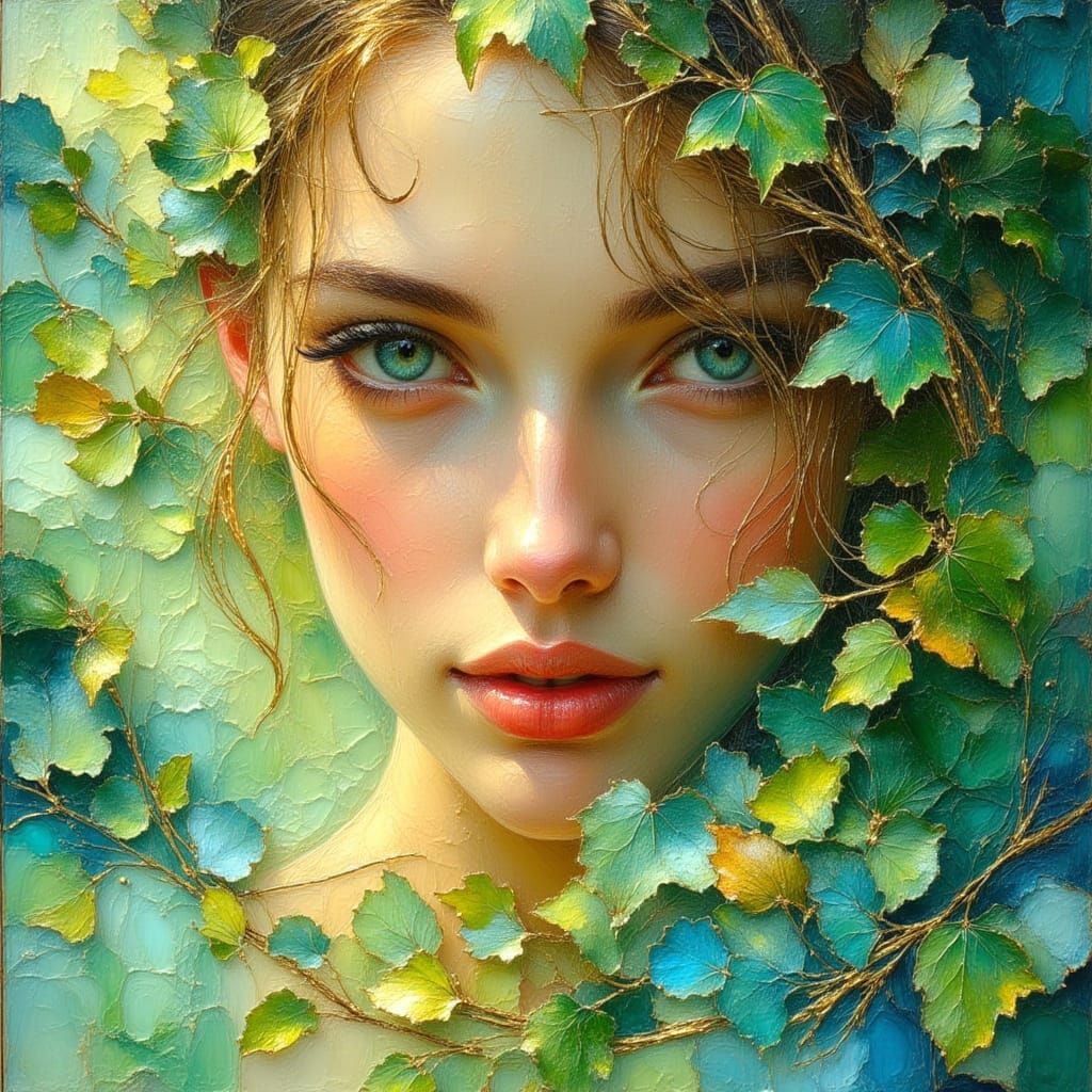 Lovely Woman with Blue-Green Eyes as Impasto Oil Painting